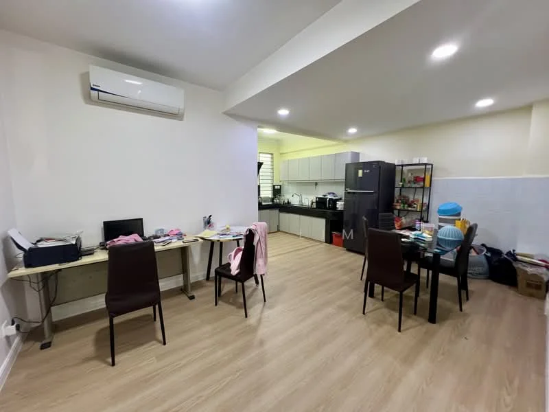 Living features: laminate flooring, white painted walls, 1 wall-mounted split AC, recessed LED downlights, dining table with chairs, study desk with chairs, kitchen area visible, black refrigerator, kitchen cabinets, sink, countertop, various kitchen appliances visible; style: modern.