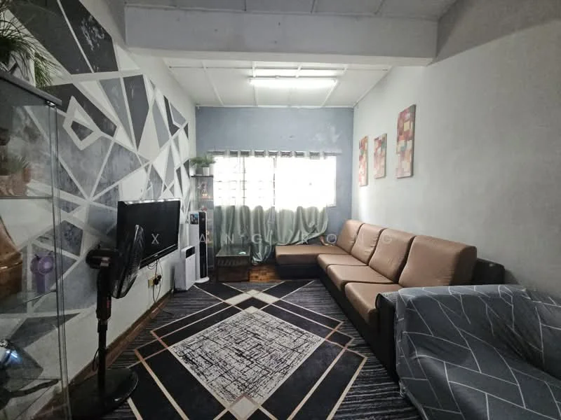 Living features: 3-seater leather sofa in brown, 2-seater fabric sofa in grey, area rug with geometric pattern, wall-mounted TV, TV console, floor-to-ceiling windows with sheer curtains, decorative wall art, painted accent wall with geometric pattern, wooden flooring, ceiling with recessed lighting, ceiling fan; style: modern.