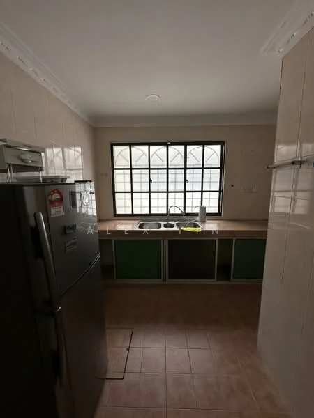 Kitchen features: double-bowl stainless-steel sink, chrome pull-down faucet, laminate countertop, green cabinetry, built-in shelving, ceramic tile backsplash, stainless-steel fridge, window with grid pattern, tile flooring, crown moulding, light fixture on ceiling; style: modern.