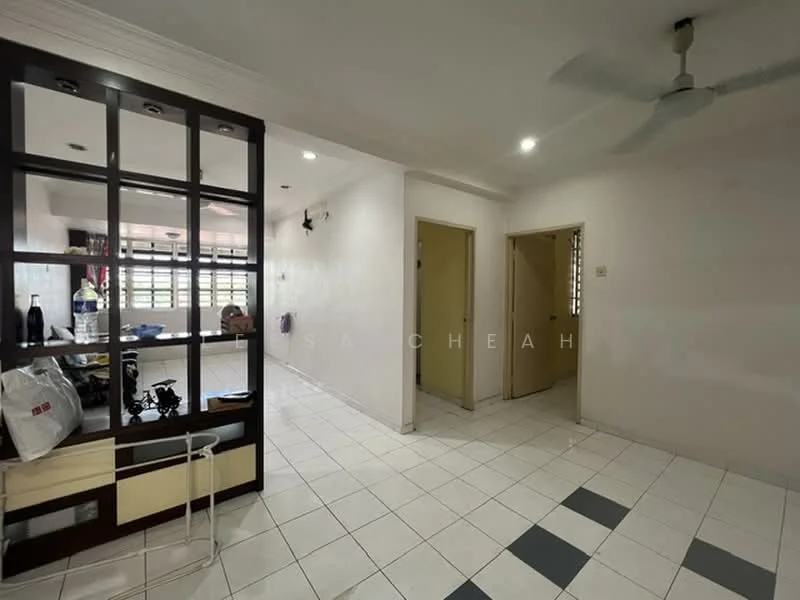 Room features: white painted walls, ceramic tile flooring, ceiling fan, glass partition, two doorways leading to other rooms, window with horizontal bars, neutral color scheme, open layout; style: modern.