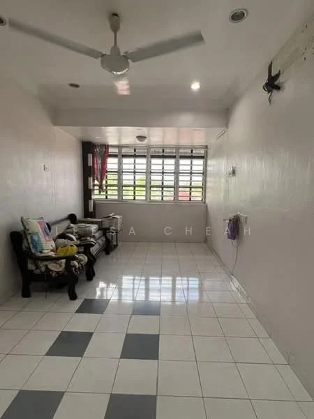 Living features: white painted walls, glossy tile flooring, ceiling fan, large windows with grid pattern, sofa with cushions, decorative throw pillows, wall-mounted electrical outlet, curtains, neutral color scheme; style: modern.