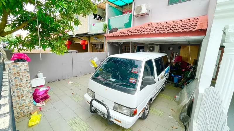 Exterior type: semi-detached house; features: car porch with awning, grey tiled flooring, red pitched tile roof, exposed brick wall, mature trees, decorative lanterns, air conditioning unit, outdoor storage area; style: modern.