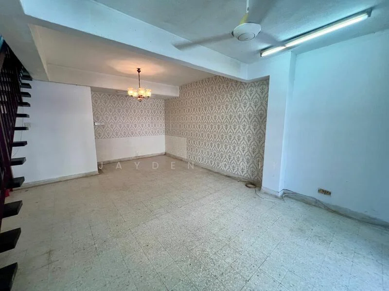Living features: cream tiled flooring, white painted walls, wallpaper with geometric pattern, chandelier, ceiling fan, exposed ceiling, corner for potential furniture arrangement, large open space.