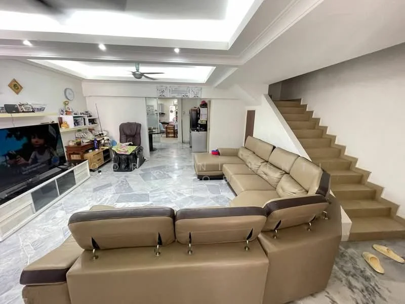 Living features: L-shape sectional sofa in beige, marble flooring, 5-blade ceiling fan with light, wall-mounted TV, TV console, decorative wall panel, recessed ceiling lights, staircase leading to upper floor, open layout to kitchen, area rug, wall clock; style: modern. Kitchen features: kitchen island, stainless-steel fridge, built-in cabinets, open layout to living area; style: modern.