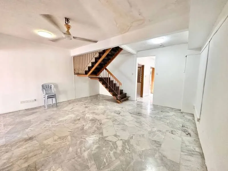 Living features: marble flooring, white painted walls, ceiling fan, staircase, natural light from windows, open layout, no visible furniture, high ceiling.