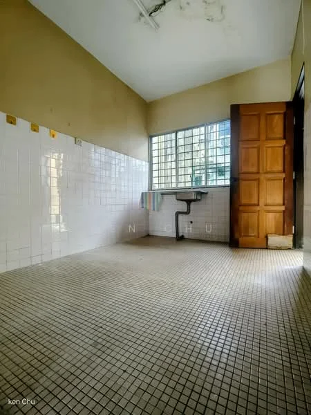 Laundry features: white tiled walls, cream painted walls, mosaic tile flooring, single-bowl stainless-steel sink, wooden door, large window for natural light, ceiling light fixture.