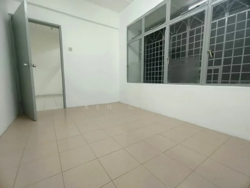 Room features: white painted walls, tile flooring, large windows with grid pattern, door with metal handle, neutral color scheme, natural light from windows; style: minimalist.