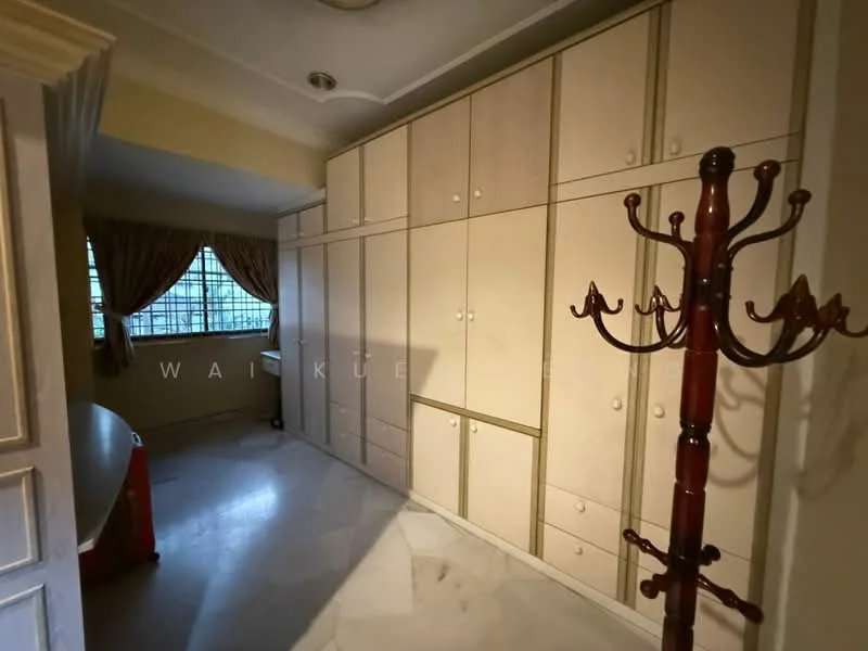Room features: built-in cabinets with cream finish, marble flooring, large window with curtains, coat rack, neutral wall color, ceiling light fixture; style: modern.