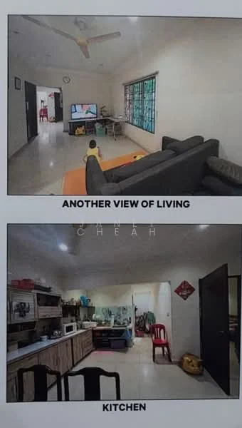 Living features: 3-seater fabric sofa in black, wall-mounted TV, ceiling fan, tile flooring, large window with grid pattern, decorative wall clock, area rug, red plastic chair; style: modern. Kitchen features: wood cabinetry, stainless-steel sink, built-in microwave, freestanding gas stove, tile flooring, kitchen countertop, red plastic chair, decorative wall hanging; style: modern.