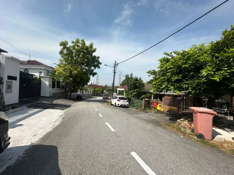 Exterior features: residential street, paved road, greenery along the roadside, single-storey houses, visible parked cars, street lighting, utility poles, curbside trash bin.