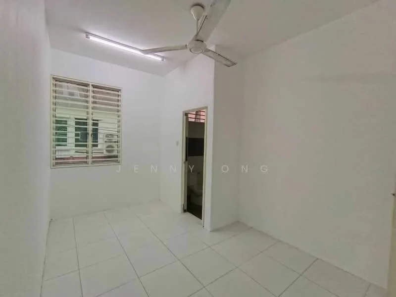 Room features: white painted walls, white tiled flooring, ceiling fan, window with horizontal blinds, doorway leading to bathroom, LED ceiling lights.