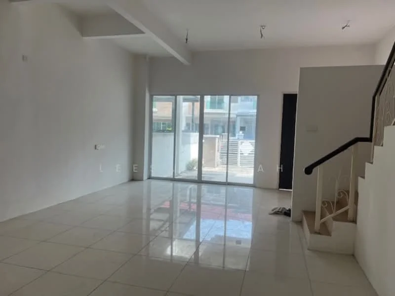 Living features: white painted walls, glossy ceramic tile flooring, large sliding glass door, staircase with decorative railing, recessed downlights, open layout, natural light from windows, neutral color scheme; style: modern; view: garden.