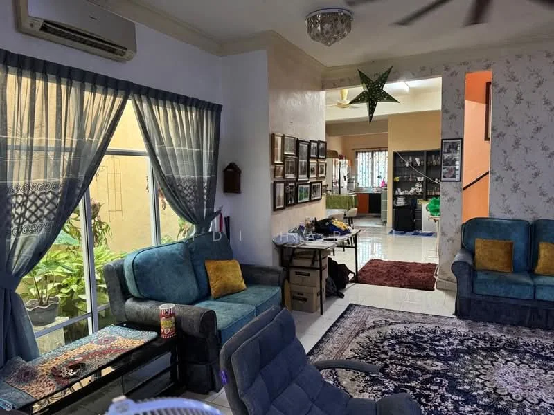 Living features: 3-seater fabric sofa in teal, 2-seater fabric sofa in teal, area rug with geometric pattern, ceiling fan, wall-mounted air conditioning unit, floor-to-ceiling windows with sheer curtains, decorative wall with framed photos, coffee table, decorative plants, wall clock; style: contemporary; view: garden. Room features: open layout to dining area, tile flooring, light-colored walls, recessed lighting, kitchen area visible in background.