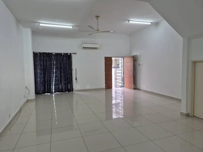 Living features: white painted walls, glossy ceramic tile flooring, 5-blade ceiling fan, wall-mounted split AC, floor-to-ceiling windows, blackout curtains, double wooden door, single wooden door, light switch, open layout; style: modern.