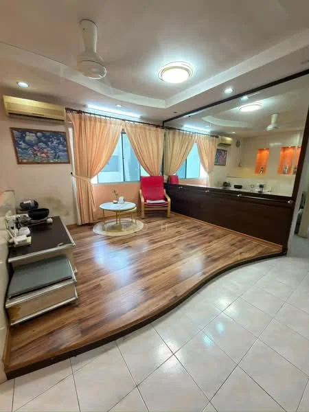 Living features: wood laminate flooring, cream painted walls, recessed ceiling lights, 2 ceiling fans, large windows with sheer curtains, coffee table, red upholstered armchair, decorative wall art, built-in cabinetry, open layout to kitchen, tile flooring in kitchen area; style: modern.