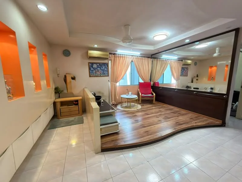 Living features: wood laminate flooring, white painted walls, recessed ceiling with downlights, ceiling fan, large windows with sheer curtains, orange accent wall, built-in shelving, round coffee table, red armchair, air conditioning unit; style: modern.