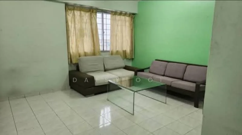Living features: light green painted walls, white tiled flooring, two-seater fabric sofa in beige, three-seater fabric sofa in grey, glass coffee table, floor-to-ceiling window with sheer curtains, natural light from window.