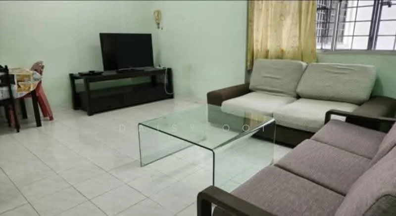Living features: light green painted walls, white tiled flooring, 3-seater fabric sofa in beige, 2-seater fabric sofa in grey, glass coffee table, TV console, wall-mounted TV, curtains, floor-to-ceiling windows, decorative wall light; style: modern.