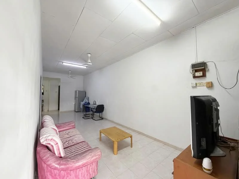 Living features: white painted walls, tile flooring, 5-blade ceiling fan, sofa in pink fabric, wooden coffee table, TV on wooden cabinet, refrigerator visible in background, dining table with chairs visible in background.