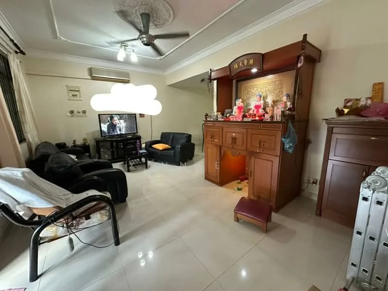 Living features: white painted walls, glossy tile flooring, ceiling fan with light, sofa set in black leather, wooden altar with decorative items, TV console with television, wooden cabinet, decorative items on altar, area rug, window with curtains; style: traditional.