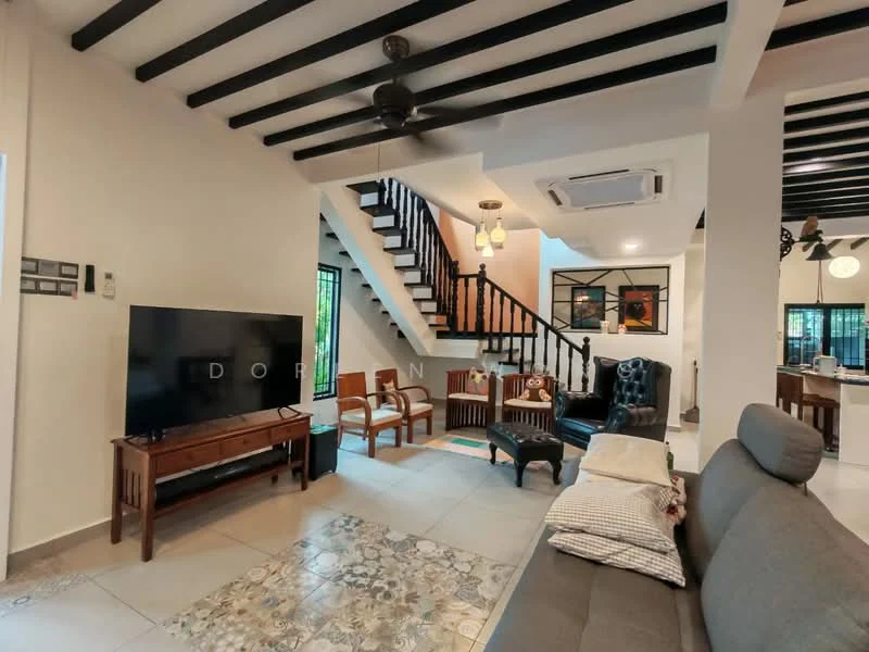 Living features: grey fabric sofa, 3-seater sofa, wooden coffee table, black leather armchair, wooden TV console, wall-mounted TV, ceiling fan with light, exposed wooden beams, decorative wall art, tile flooring, area rug with geometric pattern, large windows with natural light; style: modern. Room features: staircase with wooden railing, decorative pendant lights.
