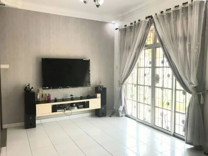 Living features: white tiled flooring, grey wallpapered walls, ceiling with recessed lighting, wall-mounted TV, TV console with storage, floor-to-ceiling windows, sliding glass door, sheer curtains, decorative curtain rods, light fixture with multiple bulbs; style: modern; view: garden.