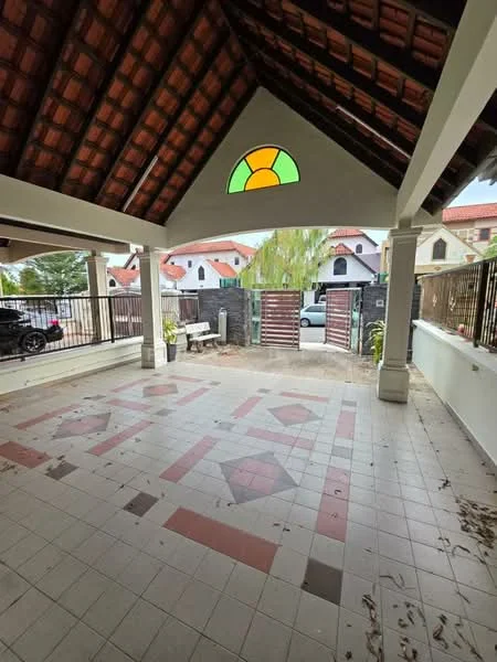 Exterior type: linked terrace house; features: tiled flooring, gabled roof with terracotta tiles, decorative stained glass window, open porch area, fenced perimeter, driveway visible, landscaped garden area, surrounding residential buildings; style: modern.