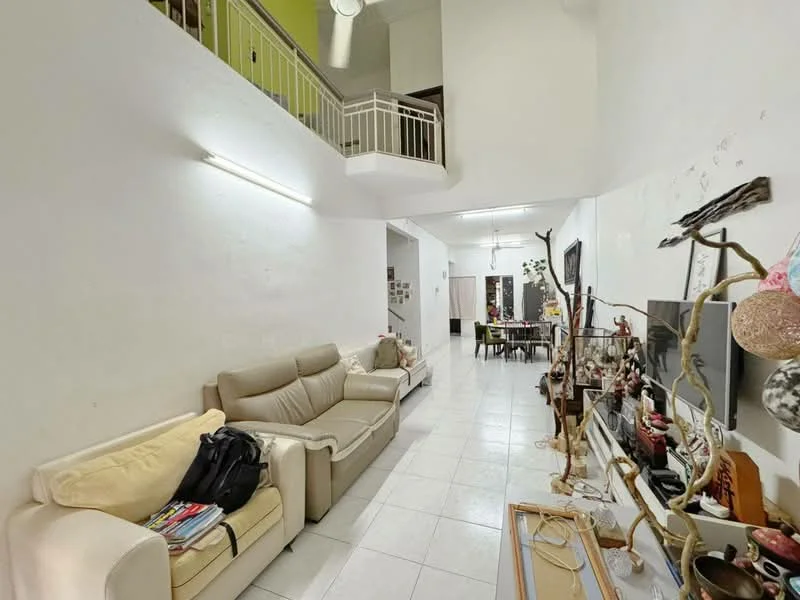 Living features: white painted walls, tile flooring, sofa in beige, sofa in cream, TV console, wall-mounted TV, decorative wall art, ceiling fan, open space to dining area, natural light from windows; style: modern.