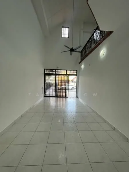 Room features: white painted walls, high ceiling, ceramic tile flooring, 5-blade ceiling fan, large glass door, grille security door, windows with grid pattern, natural light from windows; style: modern; view: street.