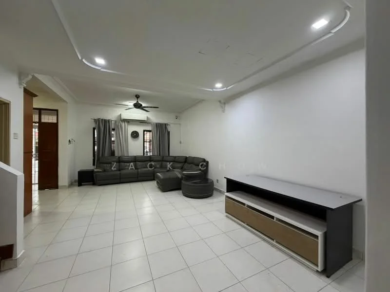 Living features: grey L-shape sectional sofa, round coffee table, TV console with storage, white painted walls, tile flooring, ceiling fan with light, curtains, recessed lighting, open layout, wall-mounted TV; style: modern.