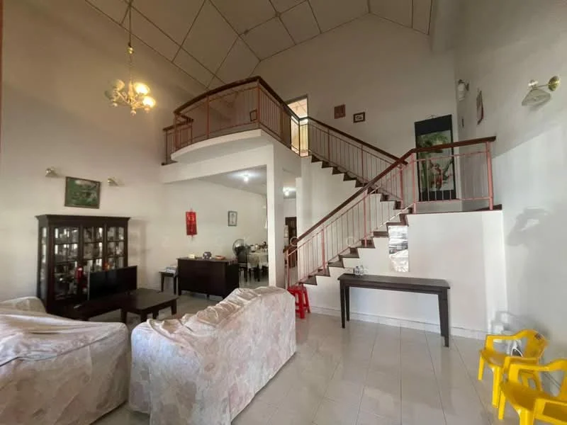Living features: high ceiling, white painted walls, ceramic tile flooring, chandelier, sofa with floral upholstery, wooden coffee table, TV console, staircase with wooden railing, decorative wall art, windows with natural light; style: modern. Room features: wooden furniture, decorative items, fan, open space.