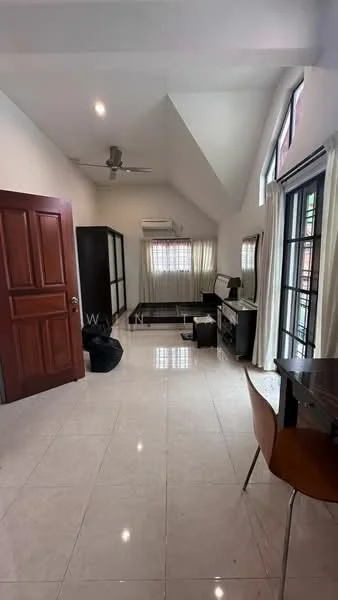 Living features: white painted walls, sloped ceiling, 5-blade ceiling fan, floor-to-ceiling windows, curtains, marble tile flooring, black storage cabinet, wooden dining table, brown dining chair, black bean bag, air conditioning unit; style: modern.