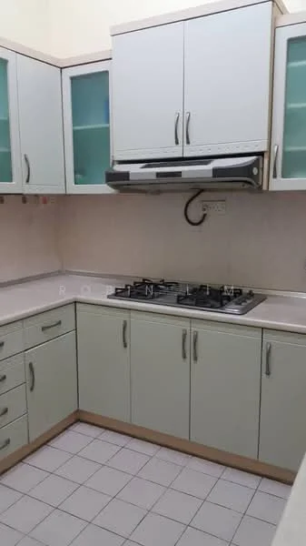 Kitchen features: light green cabinetry, glass-front upper cabinets, stainless-steel range hood, 4-burner gas hob, white countertop, white tiled backsplash, white tiled flooring, built-in oven, single-bowl stainless-steel sink; style: modern.