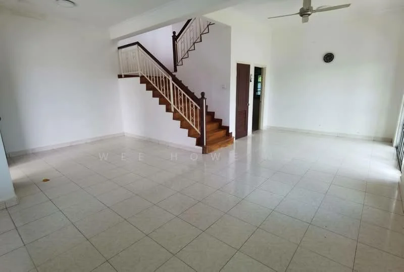 Living features: white painted walls, ceramic tile flooring, 5-blade ceiling fan, staircase with wooden railing, large windows for natural light, open layout, no visible furniture, neutral color scheme; style: modern.