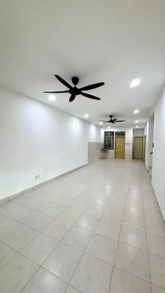 Room features: white painted walls, tile flooring, 5-blade ceiling fan with light, 2 ceiling fans, recessed LED downlights, open layout, doorway leading to another room, neutral color scheme; style: modern.