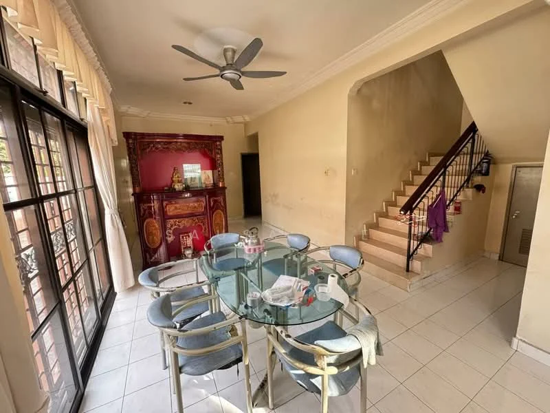 Dining features: round glass dining table, 6 upholstered dining chairs, white tiled flooring, ceiling fan, large windows with sheer curtains, decorative wooden cabinet, staircase in background, neutral wall color; style: modern.