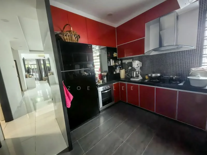 Kitchen features: red cabinetry, black glossy cabinets, stainless-steel built-in oven, 4-burner gas hob, stainless-steel range hood, black countertop, mosaic tile backsplash, kitchen mixer, sink, wall-mounted shelves, basket for storage, grey tile flooring, recessed lighting; style: modern.