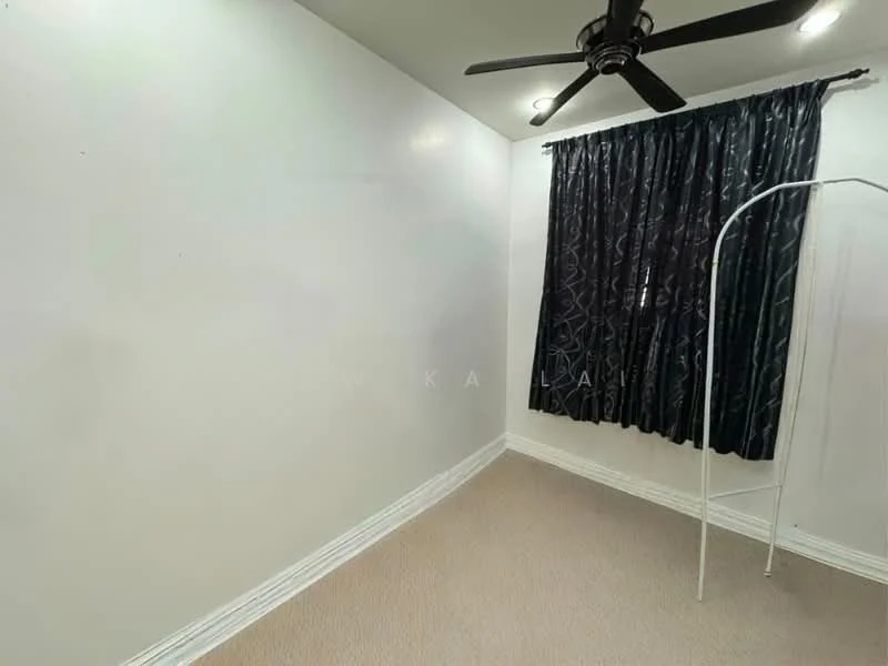 Room features: white painted walls, carpet flooring, 5-blade ceiling fan, black curtains with pattern, clothes rack, recessed lighting.