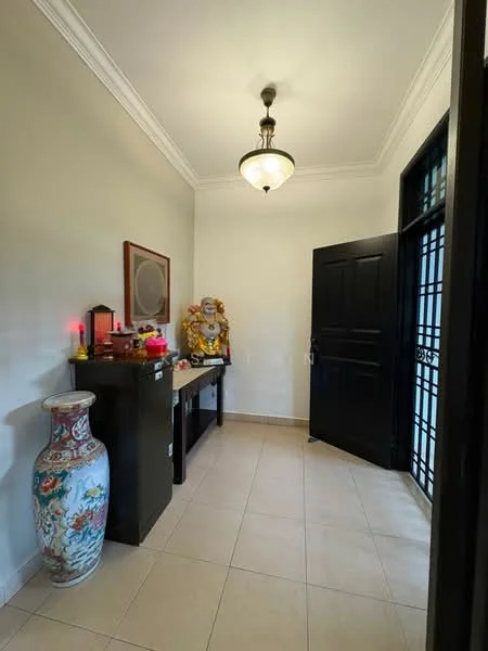 Room features: cream painted walls, white ceiling with crown moulding, tile flooring, black wooden door, decorative wall mirror, decorative vase with floral design, console table, ornamental figurine, wall-mounted light fixture; style: traditional.