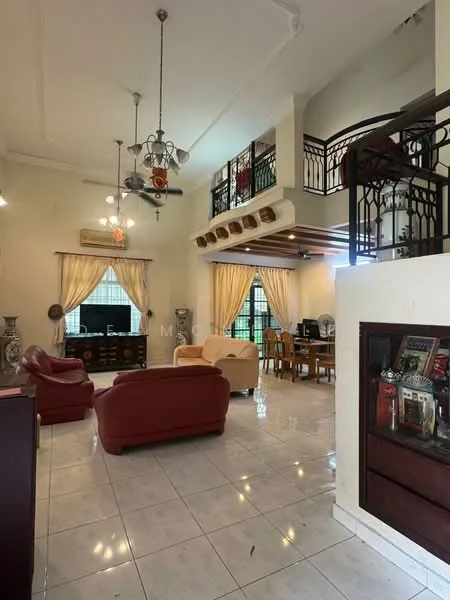 Living features: white painted walls, polished tile flooring, 5-blade ceiling fan with light, chandelier, sofa in red leather, coffee table, TV console, wall-mounted TV, large windows with sheer curtains, decorative vases, area rug, wooden beams on ceiling; style: contemporary. Dining features: dining table with chairs, wooden ceiling beams, large windows with sheer curtains; style: contemporary.