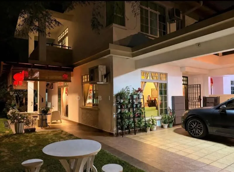 Exterior type: detached bungalow; features: two-storey building, white painted facade, large windows, covered porch, manicured lawn, paved walkway, outdoor seating area with table and chairs, car parked in driveway, exterior wall-mounted air conditioning unit, garden plants in pots; style: modern.