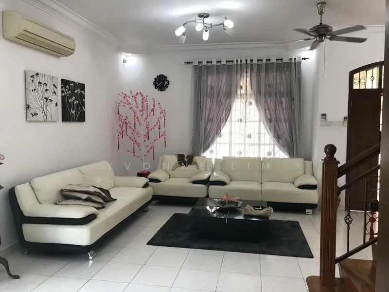 Living features: 3-seater leather sofa in white, L-shape sectional sofa in white and black, coffee table, area rug in black, wall-mounted air conditioning unit, ceiling fan with light, recessed downlights, curtains in grey, decorative wall art with floral pattern, wall clock, tile flooring in white, double-door entrance, wooden staircase; style: modern.