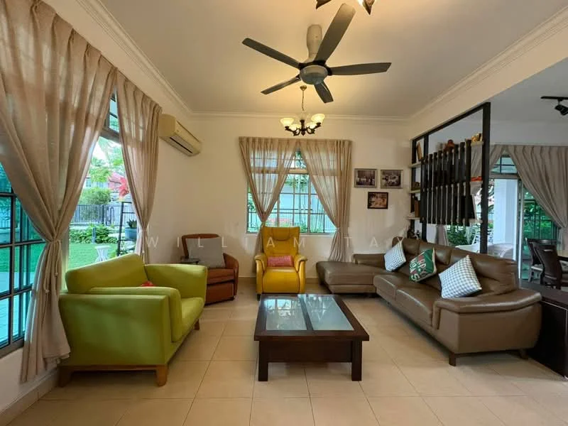 Living features: cream painted walls, white ceiling with crown moulding, 5-blade ceiling fan with light, large windows with sheer curtains, green armchair, brown leather armchair, beige leather sofa, wooden coffee table, decorative cushions, tile flooring; style: contemporary; view: garden.