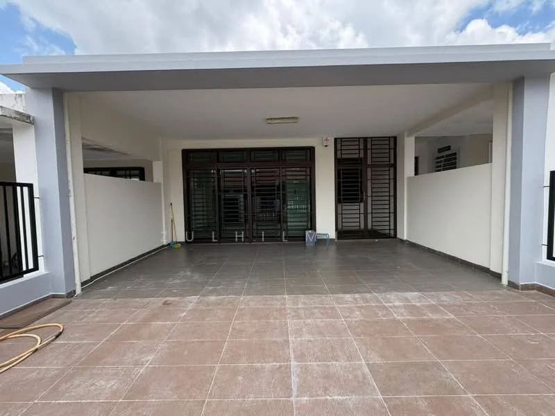 Room features: grey tiled flooring, white painted walls, sliding glass doors, metal railing, overhead lighting, open space, covered area, outdoor patio; style: modern; view: sky.