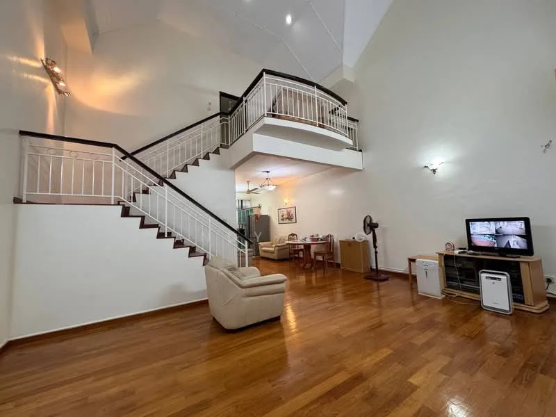 Living features: high ceiling, wooden flooring, white painted walls, ceiling fan, wall-mounted TV, coffee table, armchair, dining table, staircase with white railing, recessed lighting, decorative wall sconce; style: modern.