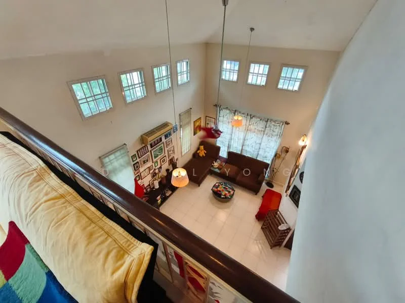 Living features: white painted walls, tile flooring, large windows with grid pattern, hanging pendant lights, sofa in red, coffee table with colorful decor, decorative wall with framed artwork, curtains with floral pattern, wooden armchair, area rug, ceiling with exposed beams; style: contemporary.