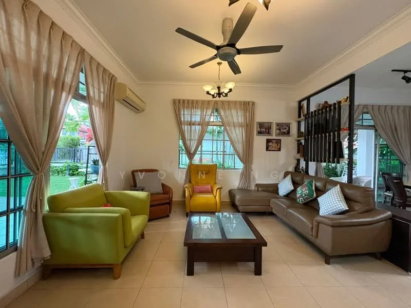Living features: cream painted walls, white ceiling with crown moulding, 5-blade ceiling fan with light, floor-to-ceiling windows, sheer curtains, light green armchair, brown leather sofa, yellow accent chair, wood coffee table, decorative cushions, tile flooring; style: contemporary; view: garden.