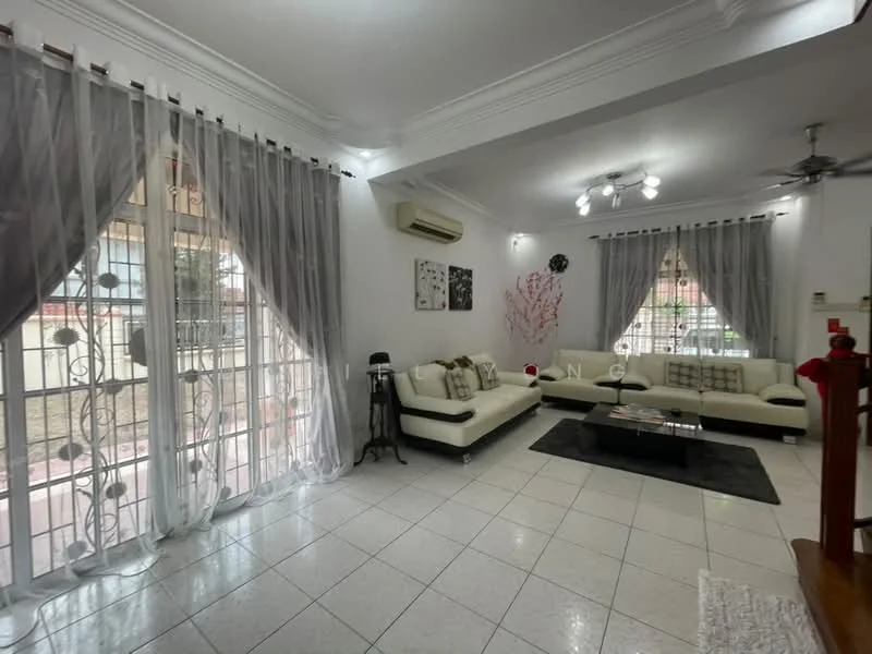 Living features: white painted walls, ceramic tile flooring, tray ceiling, 5-blade ceiling fan with light, sofa in cream color, coffee table, area rug in black, floor-to-ceiling windows with sheer curtains, decorative wall art, air conditioning unit; style: modern.