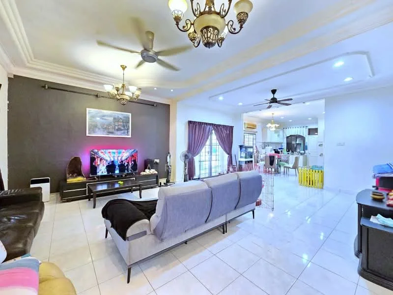 Living features: 3-seater fabric sofa in grey, 2-seater leather sofa, coffee table, wall-mounted TV, TV console, chandelier, 5-blade ceiling fan, recessed downlights, white painted walls, cream tiled flooring, curtains in dark purple, decorative wall art, area rug; style: modern. Dining features: dining table with multiple chairs, ceiling fan, open layout to kitchen, white walls, tile flooring; style: modern.