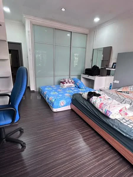 Bedroom features: two beds, blue bedding with cartoon pattern, multicolored bedding, wooden bed frame, study desk, office chair, built-in wardrobe with sliding doors, laminate flooring, recessed ceiling lights; style: modern.